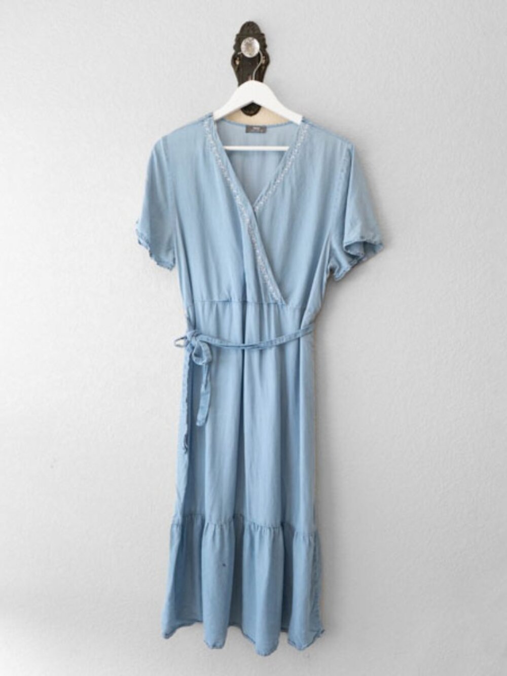 Max Blue Lyocell Wrap Midi Dress Womens 10 Embroidered Tie Waist Cottagecore